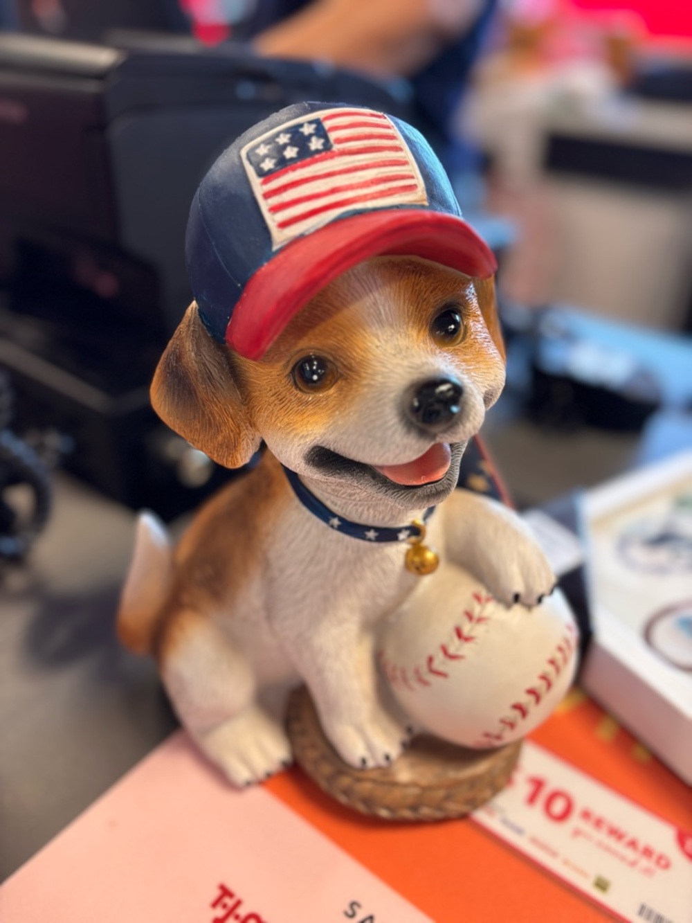 Patriotic Puppy Dog Figurine with Baseball - Red & Blue